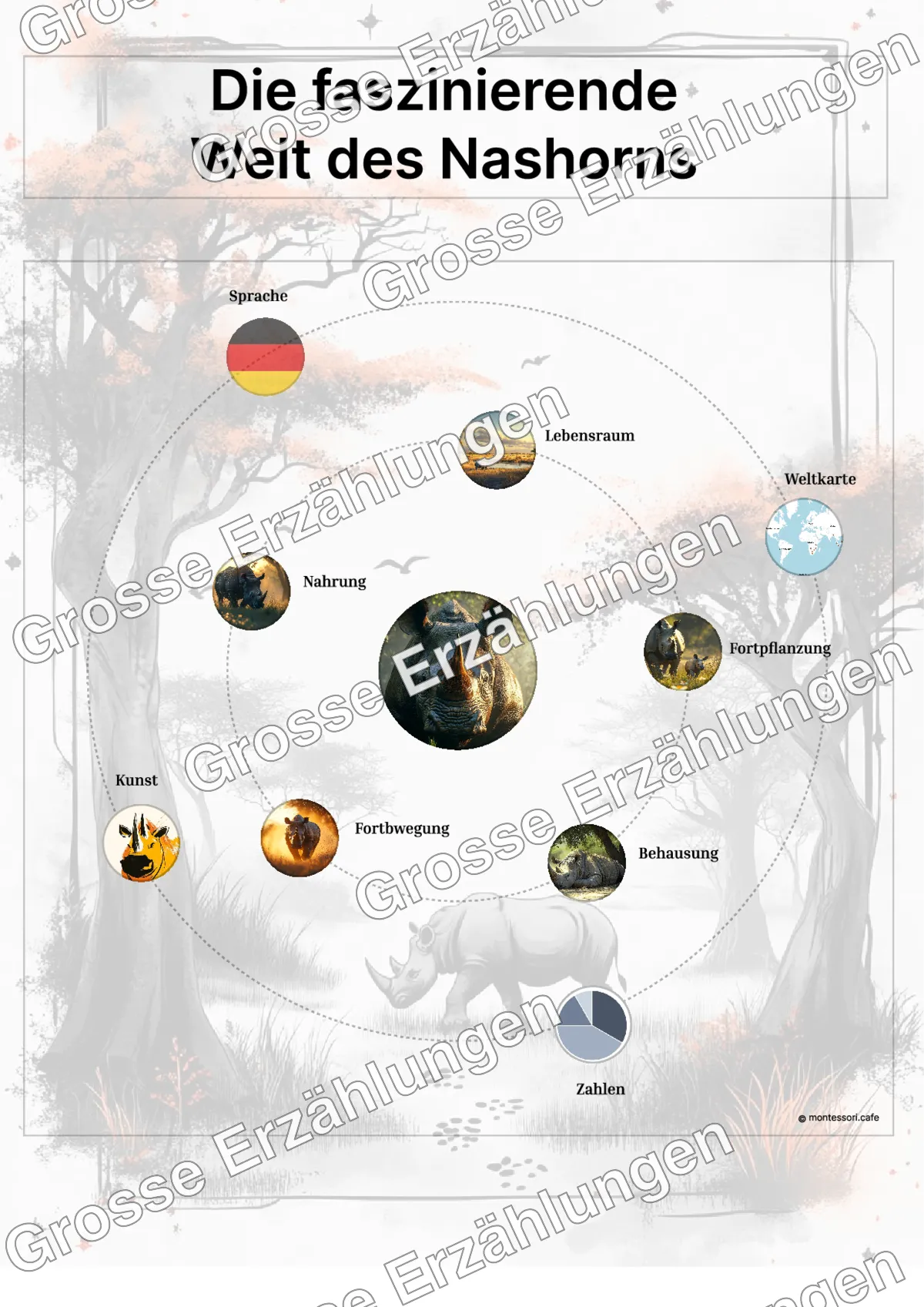 Das Nashorn - Lernkarten - Beispielseite 3 von 5 mit Kommen des Lebens Inhalten