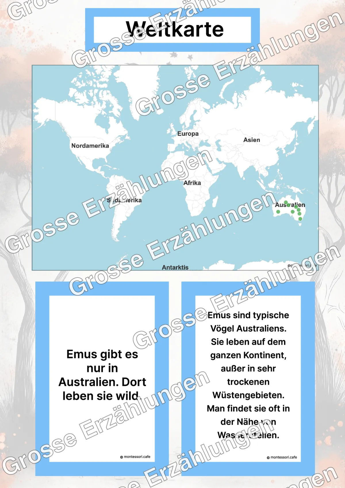 Der Emu - Lernkarten - Inhaltsbeispiel Seite 2 mit Montessori Lehrmaterial